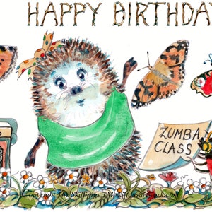 3083 HAPPY BIRTHDAY Zumba-kaart, een egel om fit te blijven dansdansles met vlinders op muziek. Kan worden gepersonaliseerd.