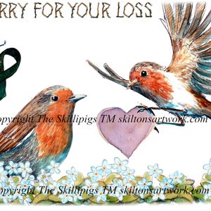 Può includere: Illustrazione ad acquerello con il testo "SO SORRY FOR YOUR LOSS". Raffigura due pettirossi, una farfalla, un nastro verde e un cuore viola. Delicati fiori blu adornano il fondo. Copyright The Skillipigs.