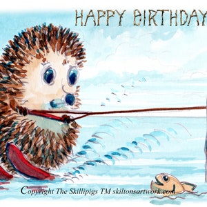3473 waterskiën HAPPY BIRTHDAY-kaart Waterskiër watersport egel met ski's. getrokken door Seaside-speedboot Kan worden gepersonaliseerd