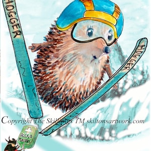 4133 Skispringer Geburtstagskarte Igel fliegt durch die Lüfte bei diesem Wintersport in den Alpen. Kann personalisiert werden.