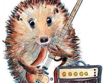 63 Bass guitar player birthday card. Happy birthday card Hedgehog electric bass player with amplifier. Can be personalised with a name.