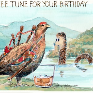 3118 Carte de joyeux anniversaire « Un petit air pour ton anniversaire », Ecosse, monstre du Loch Ness, tétras avec cornemuse. Peut être personnalisé.