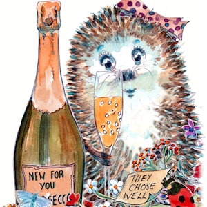 2692 Gefeliciteerd met je nieuwe jobkaart, promotiekaart, egel met prosecco en glas, ze hebben een goed bericht gekozen. Kan worden gepersonaliseerd