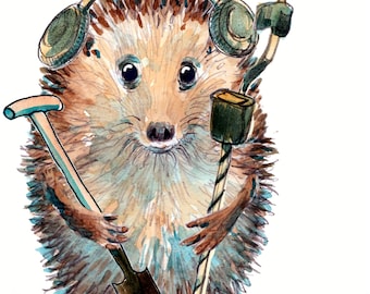 1954 Metal detector HAPPY BIRTHDAY card, A Detectorist Hedgehog with earphones, spade present treasure. Can be personalised.