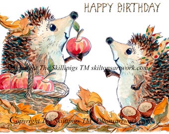 4380 Hedgehog Birthday Card: Autumn Leaves and Apples, watercolour art print