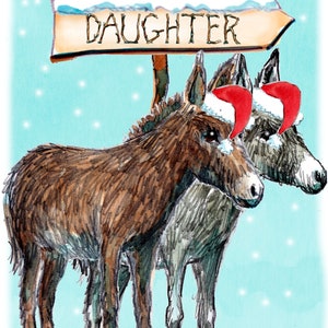 2664 Feliz Navidad, hija o tarjeta personalizada con un par de burros en la nieve con gorros navideños. Se puede personalizar como se muestra