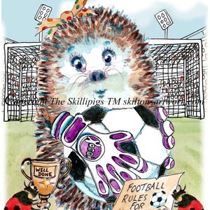 4816 women&#39;s football goalie Happy  Birthday card Hedgehog goal keeper with goal stadium ball and gloves. Can be personalised