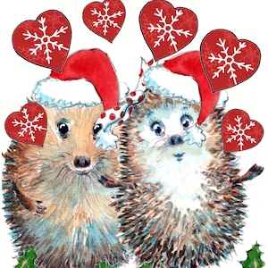 3373 Paire de hérissons Carte de joyeux Noël o. Cœurs et houx personnalisables avec un ou deux noms