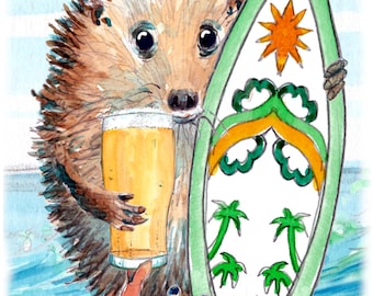5484 Surfer with lager birthday card hedgehog after surf with his board on the beach Can be personalised UK postage options at checkout