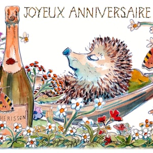 646 JOYEUX ANNIVERSAIRE Tarjeta de feliz cumpleaños en francés. erizo herisson prosecco bebida vaso hamaca Esto se puede personalizar.