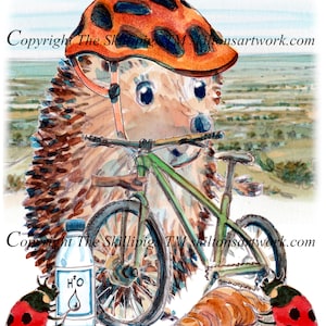 May include: A watercolour illustration featuring a hedgehog in an orange cycling helmet, riding a green bicycle. The image includes a water bottle, a croissant, and two ladybirds. The text "JOYEUX ANNIVERSAIRE" is at the top.