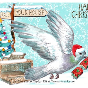 3362 Carte de voyageur Joyeux Noël pour pigeons. Un pigeon voyageur voyageur rentrant chez lui dans la neige. Cela peut dire un nom, comme indiqué.