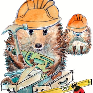 3972 Trabalhador da construção civil Chippy cartão de aniversário, construtor trabalhador qualificado carpinteiro marceneiro com ferramentas, um comerciante. Pode ser personalizado.