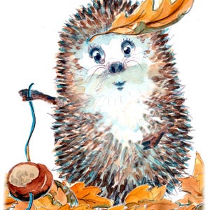 1409 Conkers Cartão de feliz aniversário ouriço com folhas de outono caindo jogando jogo de conkers castanha da Índia em barbante. Pode ser personalizado