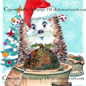 May include: A festive watercolour illustration featuring a hedgehog in a Santa hat, holding holly, and positioned over a Christmas pudding. The words "HAPPY CHRISTMAS" are at the top, with snowflakes in the background.
