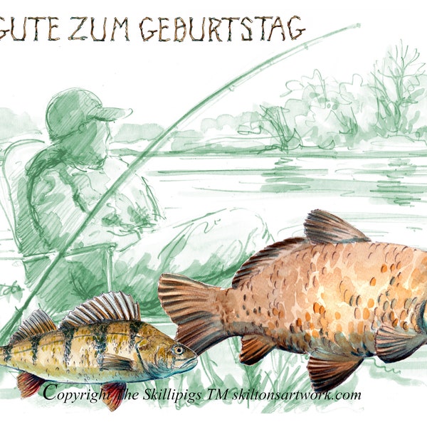 HAPPY BIRTHDAY Allas Gute Zum Geburtstag Deutche Karte angeln German card fisherman angler carp and perch. Can be personalised. No. 3612