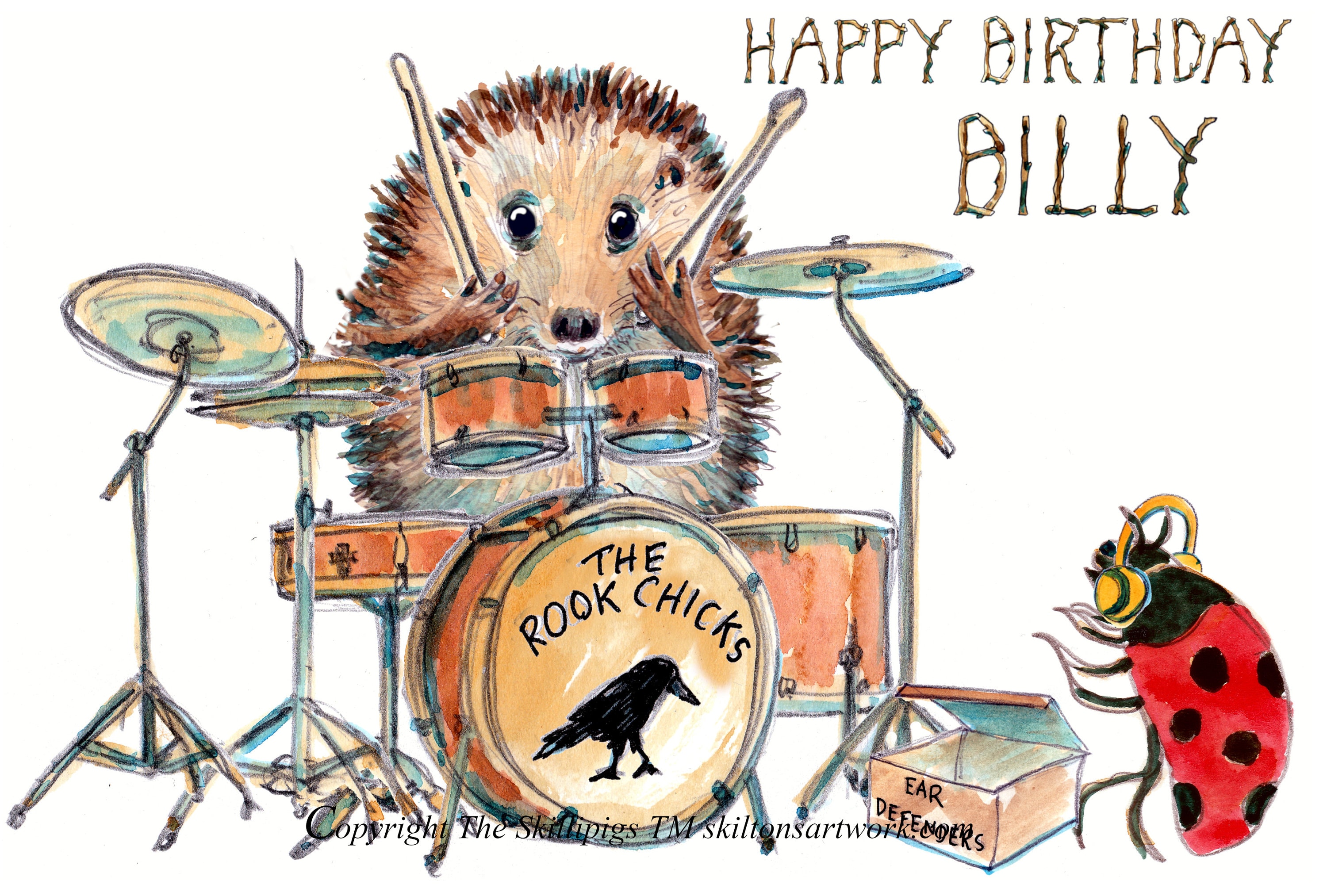 196 Drumming HAPPY BIRTHDAY Card, Hedgehog Drummer Drum Kit Bass