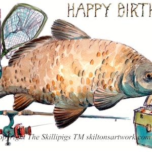 3266 FELIZ ANIVERSÁRIO cartão de pesca de carpa com equipamento de pesca e uma pintura de uma carpa. Pode ser personalizado com o filho ou qualquer nome.
