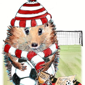 Voetbal HAPPY BIRTHDAY-kaart voetbalsupporter Liverpool of Manchester rode en witte hoed, doel. Kan worden gepersonaliseerd Nee. VOETBAL rood wit