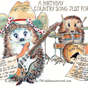 3014 Countrymuziek Happy birthday-kaart, een verjaardagszanger van een egel die op gitaar drumt speciaal voor jou. Kan worden gepersonaliseerd