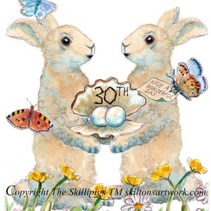 Tarjeta de aniversario de bodas de perlas 4581 con conejos o conejitos sosteniendo una ostra y 30.° Se puede personalizar.