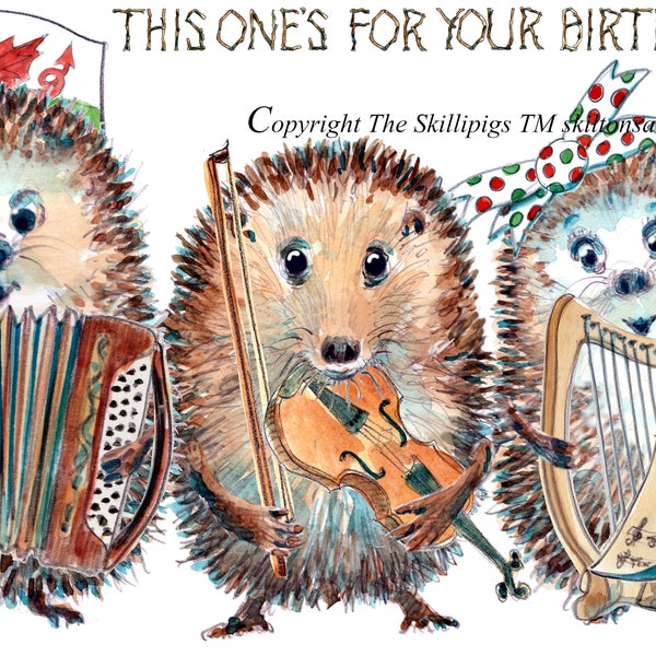 HAPPY BIRTHDAY card saying 'This one's for your birthday'. Our Welsh folk group of hedgehogs. This can be personalised No.2539