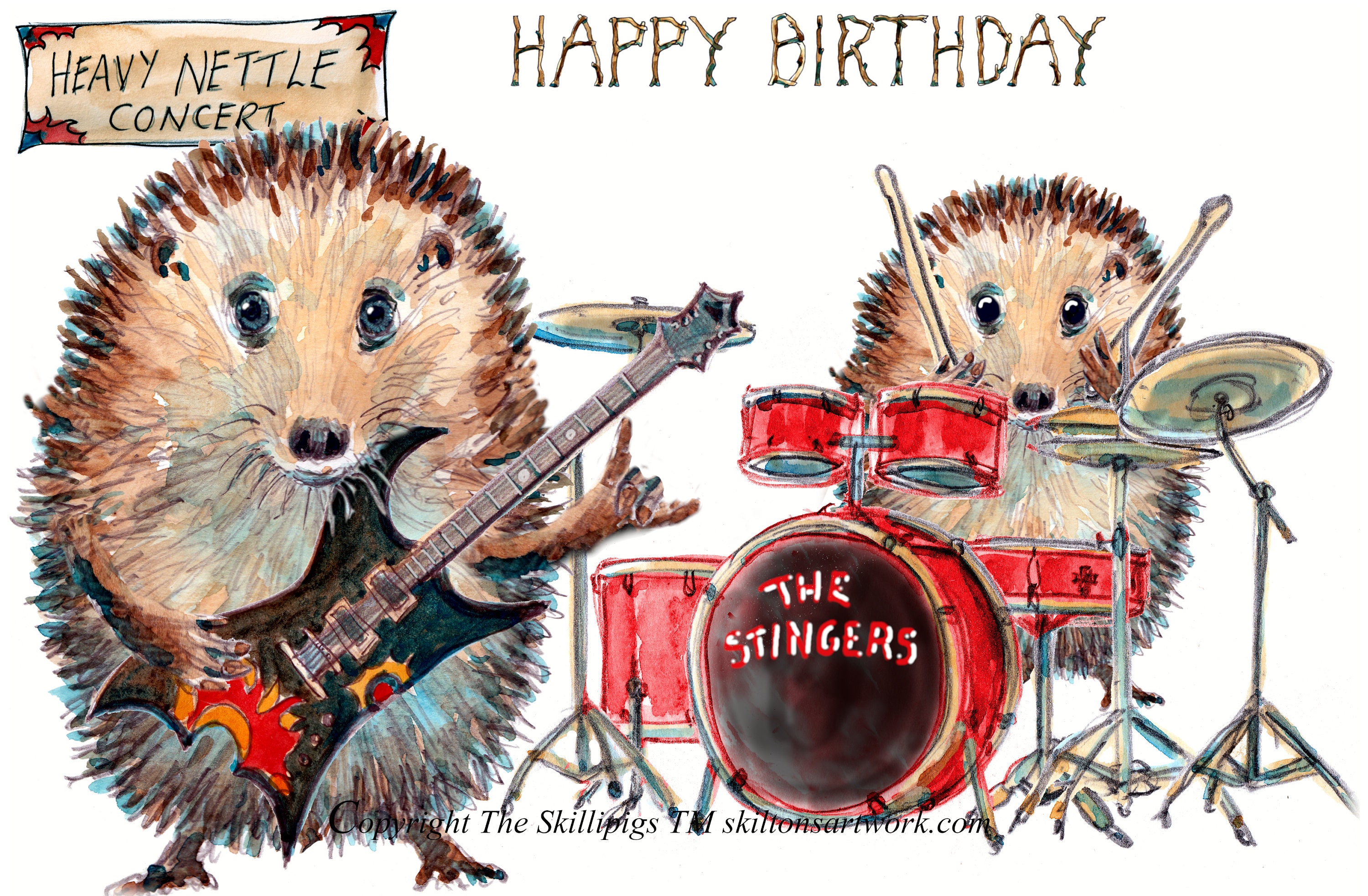 3171 Heavy metal birthday card. Hedgehog electric guitar and drums 'The Stingers' heavy Nettle rock music concert. This can be personalised.