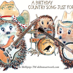 3019 Cartão de FELIZ ANIVERSÁRIO de música country. Uma música country de aniversário só para você. Grupo, guitarras e bateria e chapéus. Pode ser personalizado.