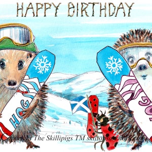 3642 snowboarden HAPPY BIRTHDAY-kaart, egel in Schotse Hooglanden besneeuwde Cairngorms Aberdeenshire Banffshire Kan worden gepersonaliseerd