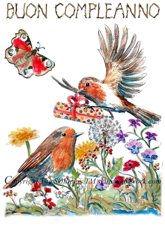 4511 Italian Language Birthday Card Buon Compleanno Robins and a