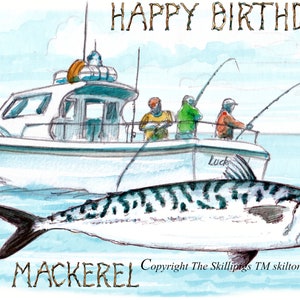 3113 carte de pêche au maquereau JOYEUX ANNIVERSAIRE, Pêcheurs de maquereaux avec bateau de pêche en mer ou de pêche à la ligne Peut être personnalisé