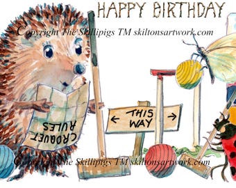 5506  Croquet birthday card with rules Whimsical hedgehog playing the lawn game can be personalised as shown UK Postage options at checkout