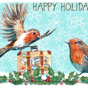 3448 HAPPY HOLIDAY card, kartka z pozdrowieniami lub bon Voyage z dwoma rudzikami w śniegu na wakacjach. Można ją spersonalizować, jak pokazano.
