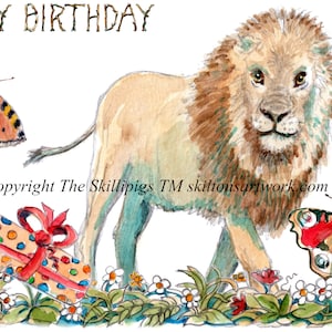 Tarjeta de cumpleaños 4663 de león. León macho con melena, mariposas y un regalo de mariquita. Personalizable.