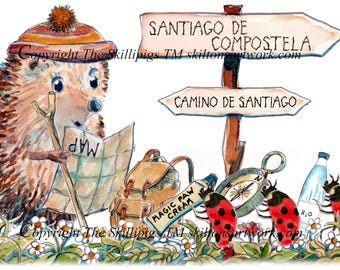 No. 100 Camino de Santiago walk , default shown can be personalised or just well done Hedgehog Pilgrim Art UK postage options at checkout
