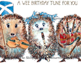 5132 Scottish birthday card with whimsical folk musicians A wee tune for your birthday Can be personalised UK postage options at checkout