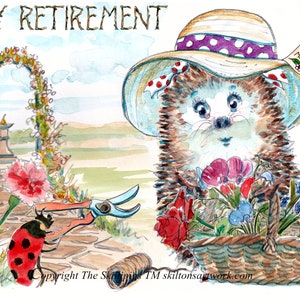 3199 Biglietto di pensionamento HAPPY PENSIONAMENTO biglietto di giardinaggio floreale, riccio femmina giardiniere piselli odorosi nel suo cesto. Può essere personalizzato.