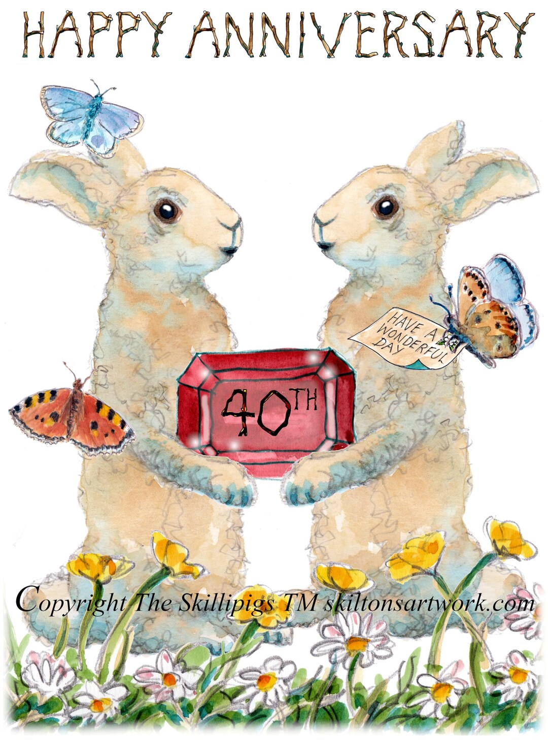 4580 Ruby Wedding Card Happy Anniversary Two Bunny Rabbits Holding the ...