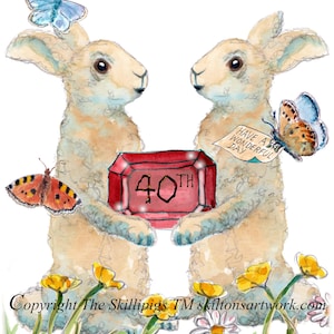 Carte de mariage 4580 rubis Joyeux anniversaire deux lapins tenant la 40e pierre précieuse Peut être personnalisée comme illustré