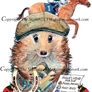 May include: A watercolour illustration featuring a hedgehog wearing a green cap, holding binoculars and a horseshoe. Above, a jockey rides a brown horse. Below, two ladybirds flank a list titled Hoggie's Hedge Hurdle. Text reads Good Luck On Your Birthday.