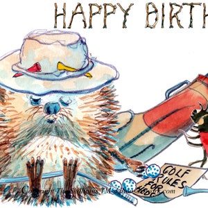 976 Golf HAPPY BIRTHDAY-kaart, speler in slaap Hedgehog Happy Birthday-kaart met knuppels (één kapot!) en vlag. Kan worden gepersonaliseerd.