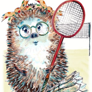 2272 Badminton Alles Gute zum Geburtstagskarte Schläger Sport Spieler Igel mit einem Schläger und einem Federball. Dieser kann personalisiert werden