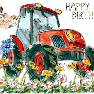 4220 Carte d'anniversaire de tracteur de ferme. Joyeux anniversaire avec des fleurs et des papillons et un fermier dans son tracteur. Peut être personnalisé