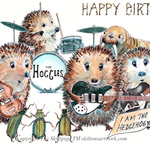 HAPPY BIRTHDAY popgroep verjaardagskaart jaren 60 muziek gitaren drums zoals the Beatles.  Egels, walrussen. Dit kan worden gepersonaliseerd. 2 BEATLES