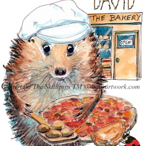 3679 Baker HAPPY BIRTHDAY card. A cute hedgehog  baker cooking and shop holding buns, pizza and Cornish pasty. Can be personalised