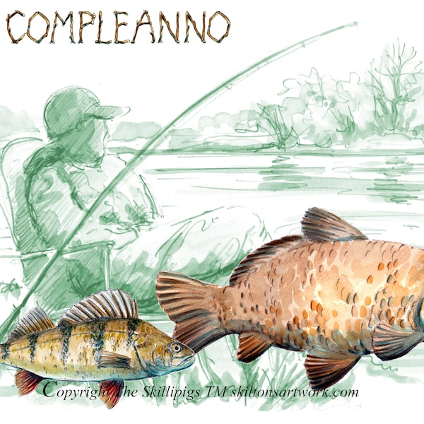 Carte de JOYEUX ANNIVERSAIRE, buon compleanno carta Italiana pescatore Pêcheur italien de carpes et de perches. Peut être personnalisé N°3613