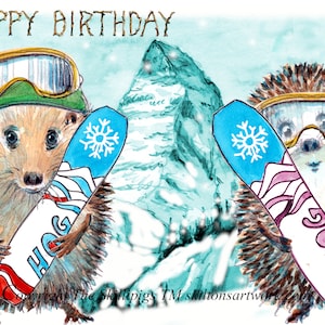 3629 Tarjeta de CUMPLEAÑOS snowboarders. Deportes extremos de nieve de invierno para erizos. Montañas Matterhorn Alpes Se puede personalizar