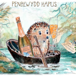 2963 Penblwydd-hapuskaart, Welsh HAPPY BIRTHDAY met prosecco-wijn en coracle in een sprookjesachtig dal. Kan worden gepersonaliseerd.
