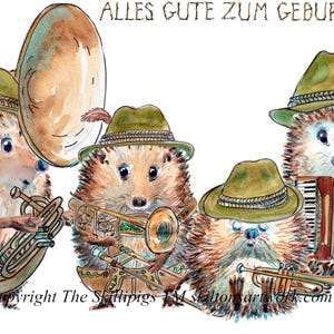 4180 Cartão de feliz aniversário da banda Oompah alles gute zum Geburtstag Hedgehog sousaphone trombone trompete acordeonistas Pode ser personalizado.