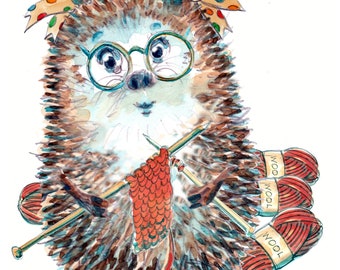 2955 Knitting HAPPY BIRTHDAY card A jumper perhaps, Hedgehog Knitter with needles balls of wool. Can be personalised with a name or Mum etc.